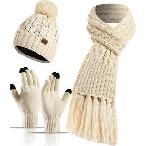 Women's Cream Winter Warm Skull Caps Knit Gloves Beanie Neck Scarves 3 Set